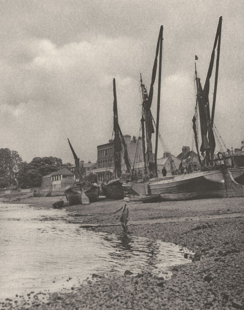 LONDON. Barges aground at Mortlake with the tide at full ebb 1926 old print